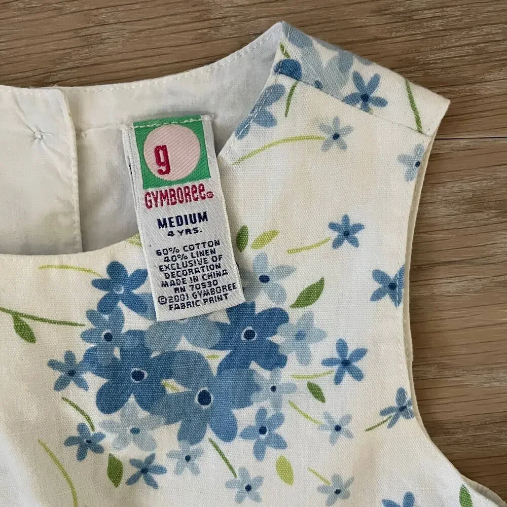 Gymboree Vintage Floral Linen Blend Dress Easter Blue White sz 4